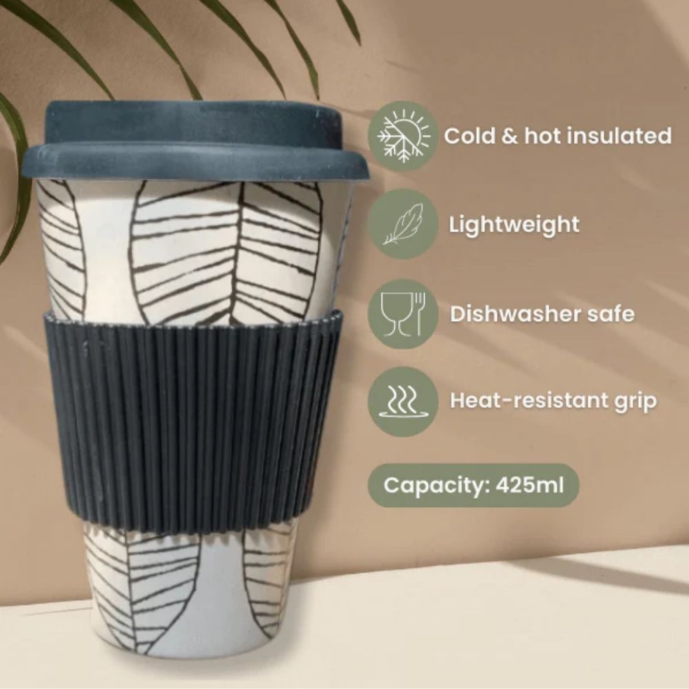 Close-up feature image of the Bamboo Coffee Cup’s silicone lid and heat-resistant grip band, emphasizing its spill-proof functionality and ergonomic design