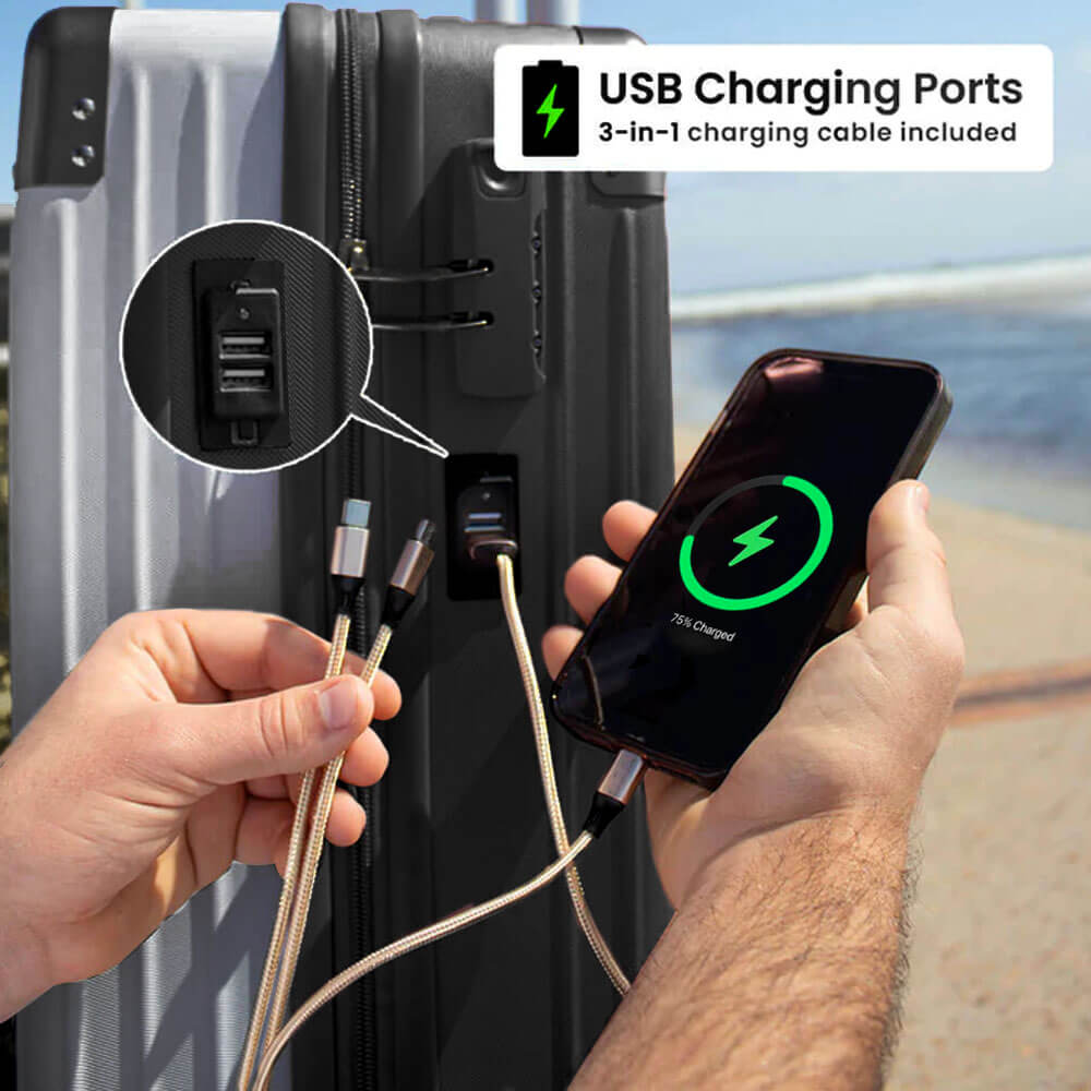 Close-up feature image of the Berlin luggage’s built-in USB charging port, integrated into the shell near the handle—designed for convenient on-the-go device charging during travel