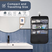 Lifestyle feature image of the hanging toiletry bag, displayed open in a travel setting with toiletries visible, highlighting its organized compartments and convenience for on-the-go grooming