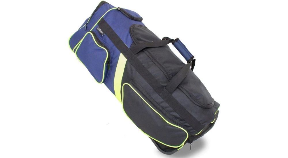 Feature highlight image of the Roller Duffel bag, emphasizing its rugged silhouette, eco-conscious build, and smooth-rolling wheel system in a clean studio composition