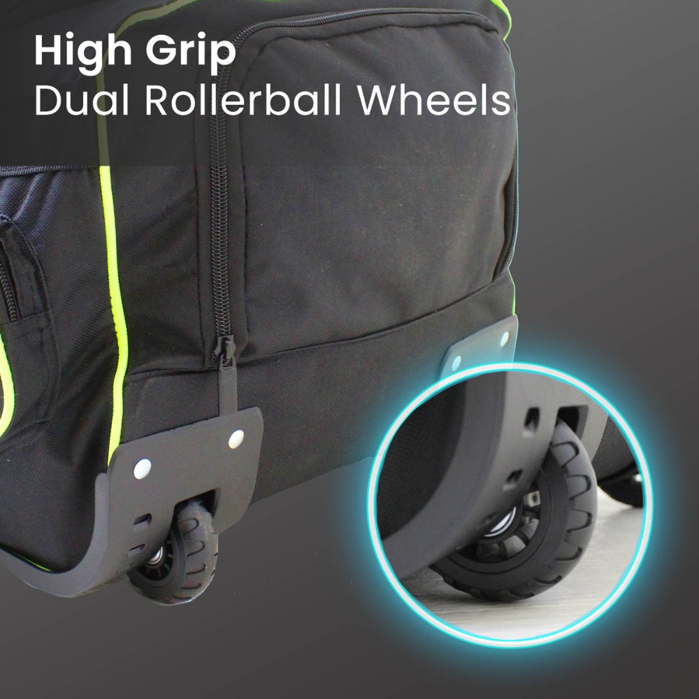 Studio feature image of the Roller Duffel bag, showcasing its smooth-glide rollerball wheels and rugged base for seamless, eco-conscious mobility