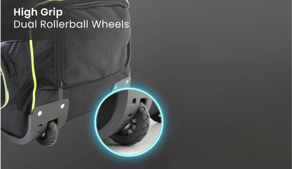 Feature highlight image of the Roller Duffel bag, focusing on its rollerball wheels and rugged base construction for smooth, eco-conscious mobility