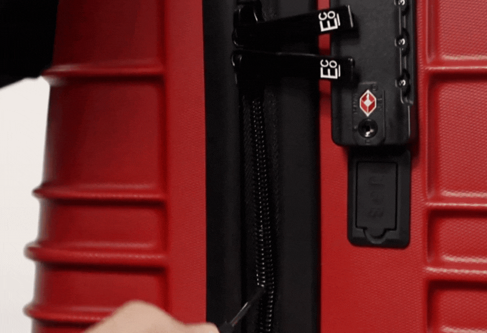 GIF showing anti-theft zipper mechanism on Santorini eco-friendly luggage – feature animation 01