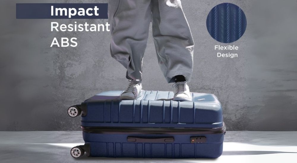 Studio feature image of the Santorini Impact carry-on, highlighting its structured silhouette and sustainable hard-shell design with a clean, minimal backdrop