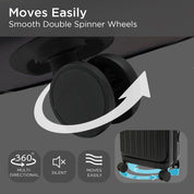 Feature image showcasing the Seattle luggage’s 360° spinner wheels, emphasizing their multidirectional mobility, smooth roll, and stable design—crafted for effortless navigation and modern travel ease