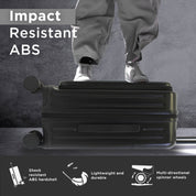 Studio image of the Seattle Impact carry-on in black, shown front-facing with a clean backdrop to emphasize its sleek, eco-conscious design