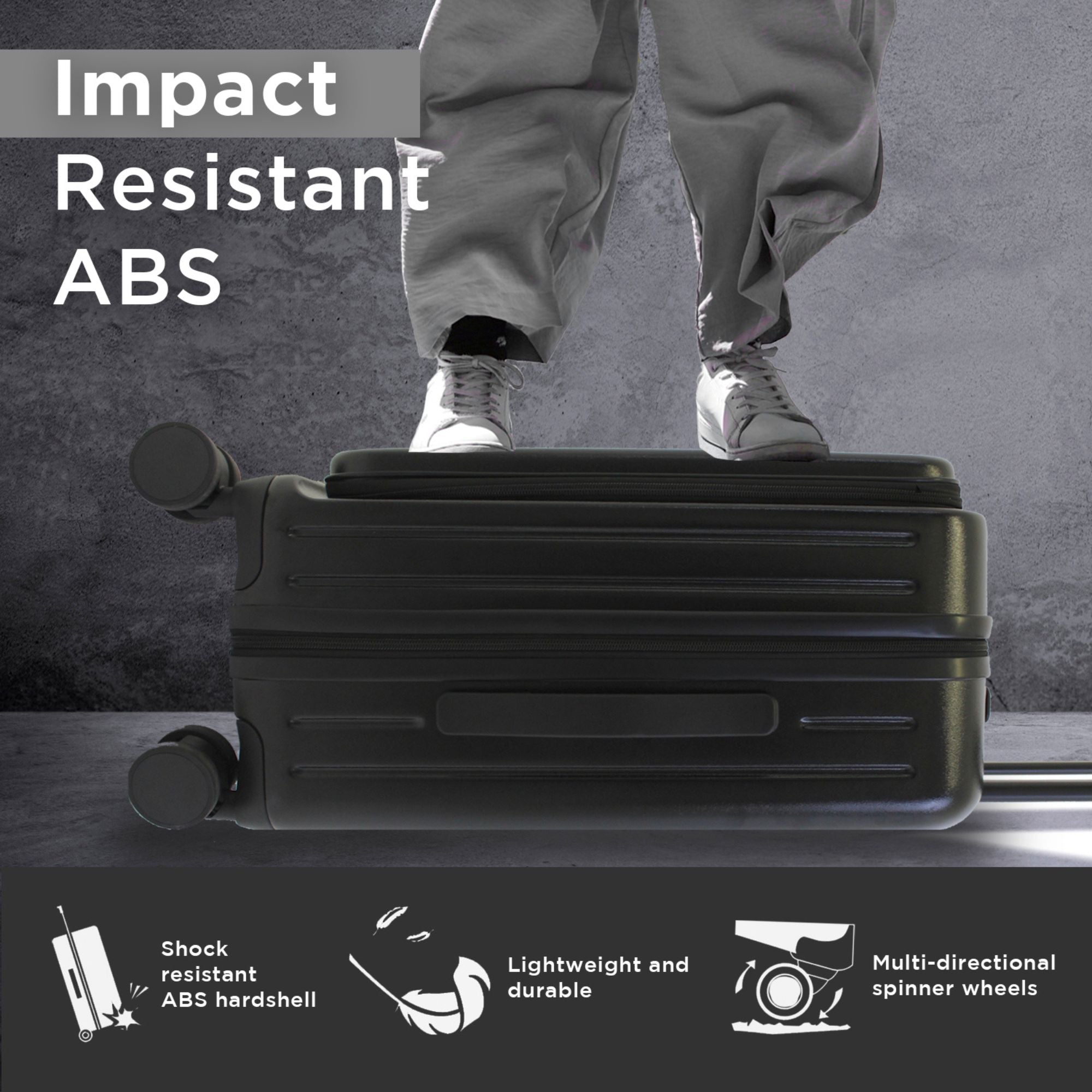 Studio image of the Seattle Impact carry-on in black, shown front-facing with a clean backdrop to emphasize its sleek, eco-conscious design