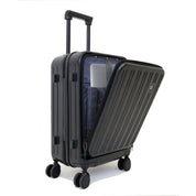 luggage – studio shot of eco-friendly hard-shell carry-on in black, shown front-facing with minimalist background