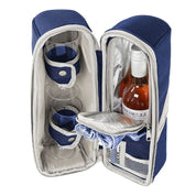Studio image of the 2-Person Deluxe Insulated Wine Cooler Bag shown open with accessories inside—featuring cup holders, napkins, and bar tools in a clean, organized layout