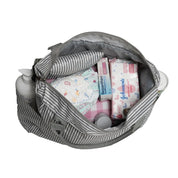 Striped eco-friendly diaper bag with baby essentials packed inside – studio product image 01