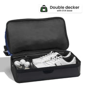 Lifestyle image of the TDB01 small duffel bag with shoes neatly stored in the lower EVA base compartment, showcasing its functional two-tier design for organized packing and separation of gear