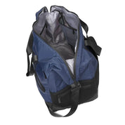 Studio image of the TDB01 small duffel bag shown unzipped with its top flap open, revealing the main compartment and organized interior—designed to highlight accessible storage and thoughtful internal structure