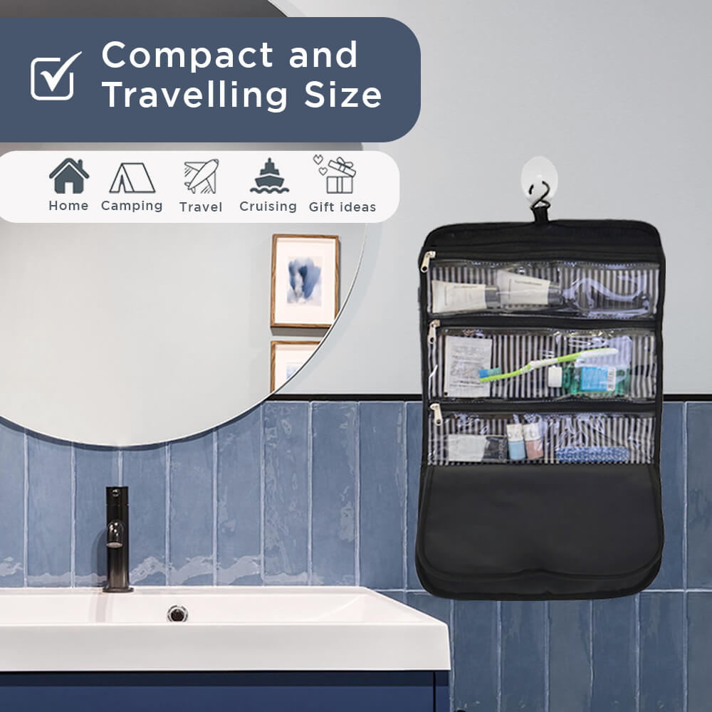 Lifestyle feature image of the hanging toiletry bag, displayed open in a travel setting with toiletries visible, highlighting its organized compartments and convenience for on-the-go grooming
