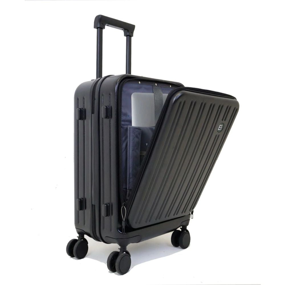 luggage – studio shot of eco-friendly hard-shell carry-on in black, shown front-facing with minimalist background
