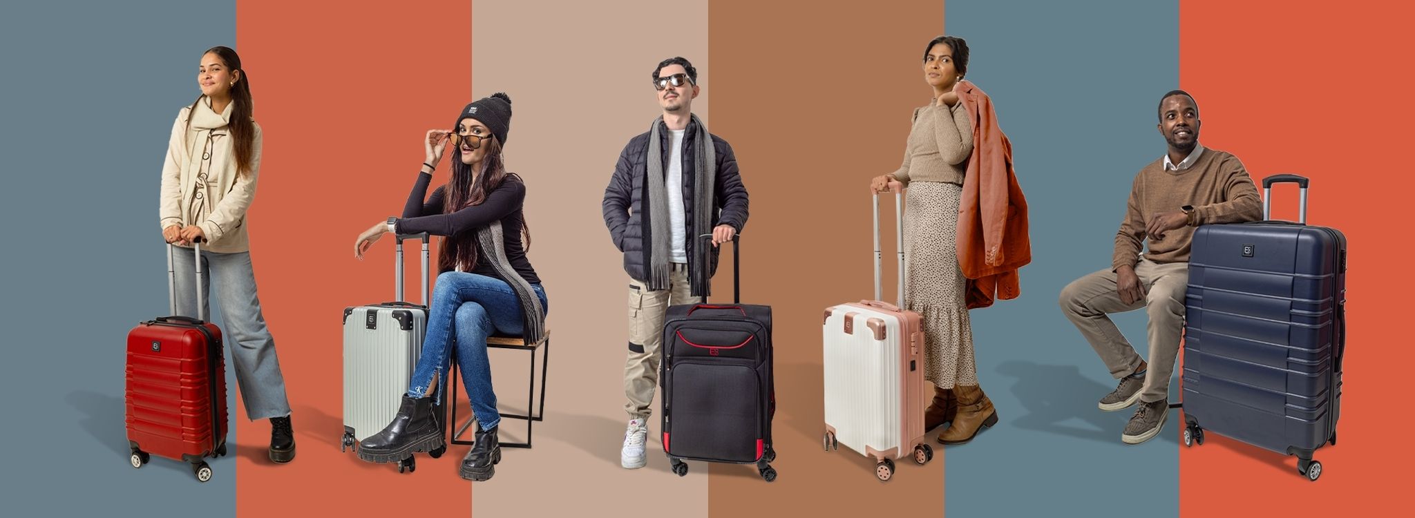 Desktop lifestyle banner with five people posing against a striped background, each holding different eco-friendly suitcases from the collection