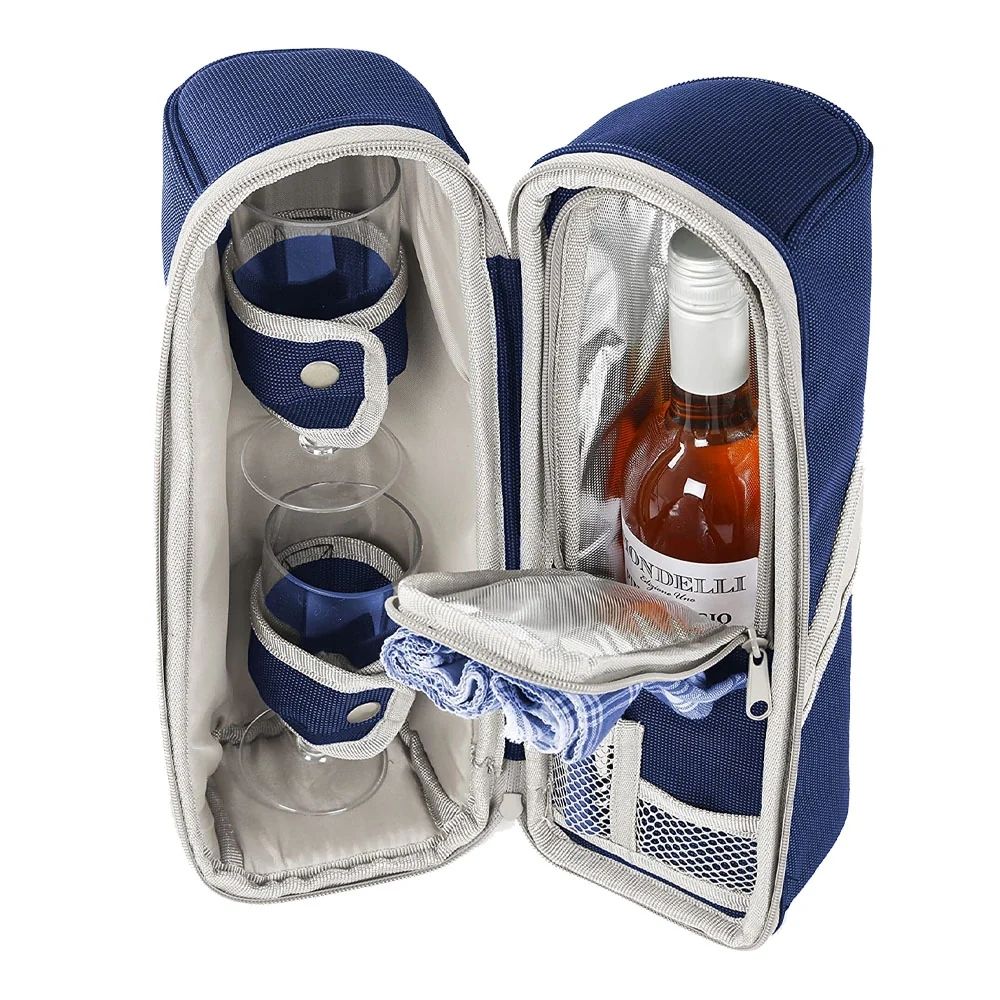 Studio image of the 2-Person Deluxe Insulated Wine Cooler Bag shown open with accessories inside—featuring cup holders, napkins, and bar tools in a clean, organized layout